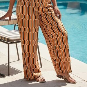 Du Jour Printed Geo Pant with Tie Waist Orange Size Large PETITE NWOT Wide Leg